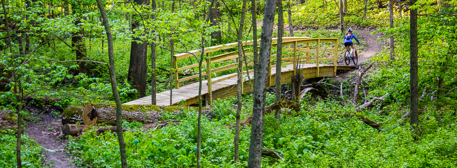The green trail passes through a deep ravine with large Glulam bridge.
